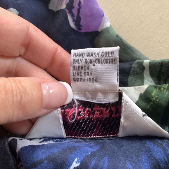 Marguerite Li Silk Blouse Button Front Shirt Blue Green Purple Black Floral M - Picture 7 of 7